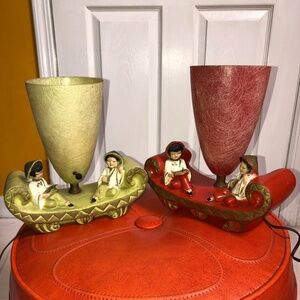 Pair of Mid Century Table Lamps with Figures Fiberglass Shades